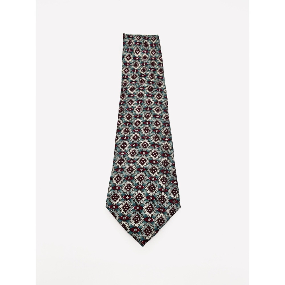 HENRY GRETHEL made in USA 100% Silk Tie Men's Green Burgundy Medallion Necktie